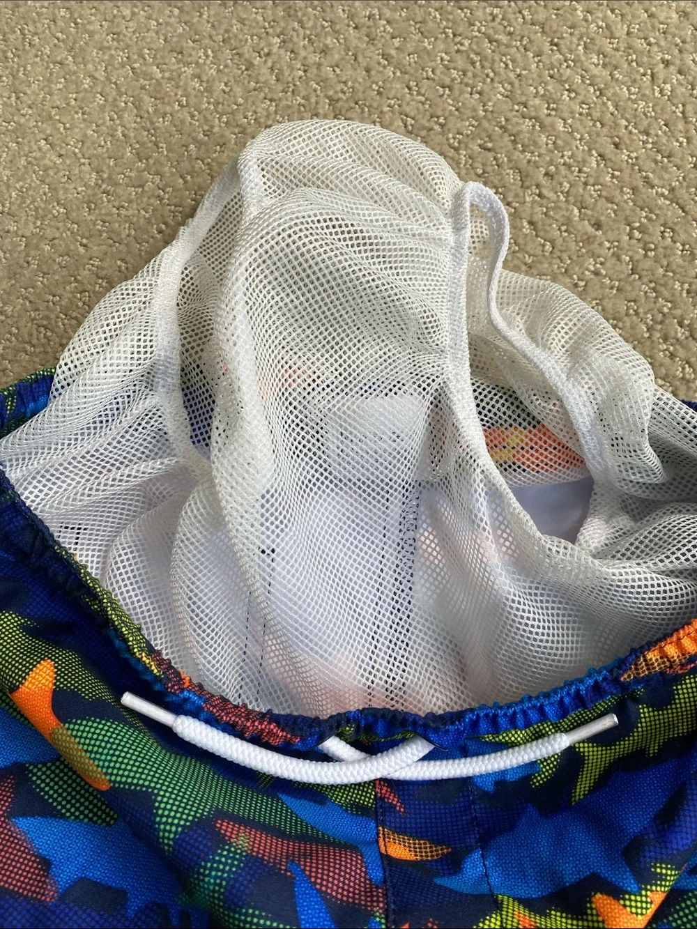 Lands' End Blue Shark-Pattern Swim Shorts with Orange & Green Accents